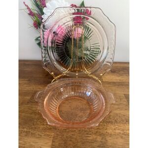 Vintage Mayfair Open Rose Pink‎ Depression Glass Bowl Plate Set Anchor Hocking